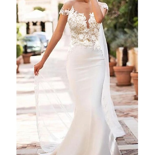 

Mermaid / Trumpet Wedding Dresses Jewel Neck Court Train Lace Satin Cap Sleeve Sexy See-Through with Embroidery 2022