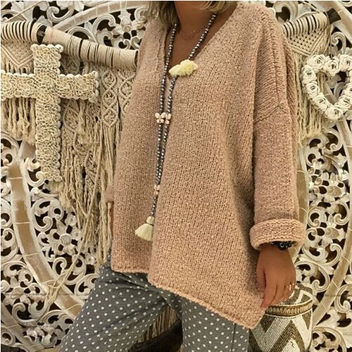 

Women's Pullover Sweater Jumper Ribbed Knit Knitted Pure Color V Neck Stylish Casual Daily Holiday Fall Winter Gray Khaki S M L / Long Sleeve