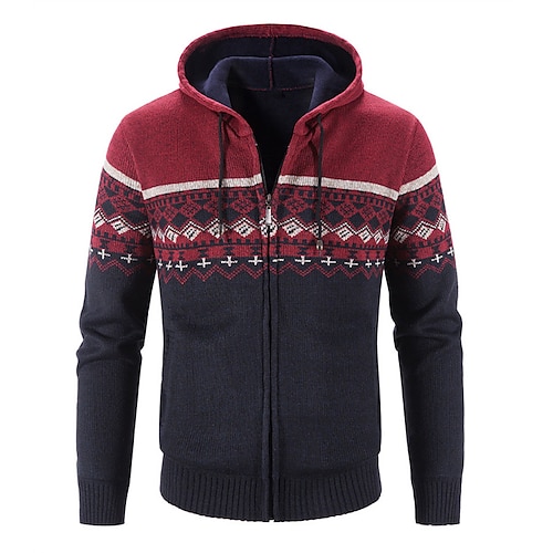 

Men's Sweater Cardigan Sweater Zip Sweater Sweater Jacket Fleece Sweater Chunky Knit Cropped Zipper Knitted Argyle Hooded Basic Stylish Outdoor Daily Clothing Apparel Winter Fall Wine Dusty Blue M L