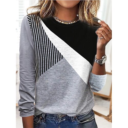 

Women's T shirt Tee Color Block Casual Daily Sports T shirt Tee Long Sleeve Patchwork Print Round Neck Basic Green Blue Gray S / 3D Print
