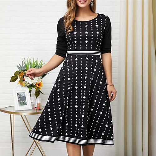 

Women's A Line Dress Swing Dress Knee Length Dress Black 3/4 Length Sleeve Geometric Print Fall Winter Crew Neck Elegant Mature 2022 S M L XL XXL 3XL 4XL 5XL