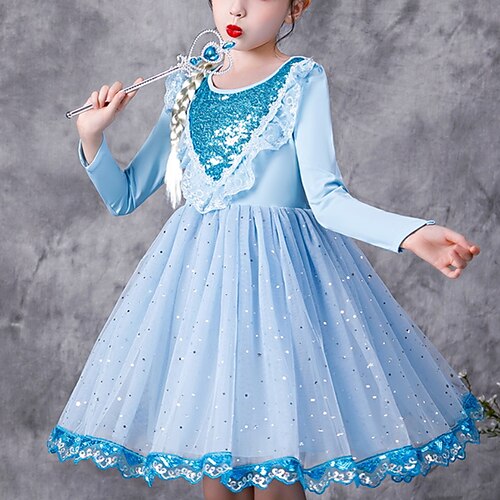 

Kids Girls' Dress Sequin A Line Dress Asymmetrical Dress Performance Cotton Long Sleeve Princess Dress 3-10 Years Winter Pink long sleeve blue long sleeves