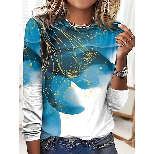 

Women's T shirt Tee Floral Home Casual Daily Floral T shirt Tee Long Sleeve Print Round Neck Basic Blue S / 3D Print