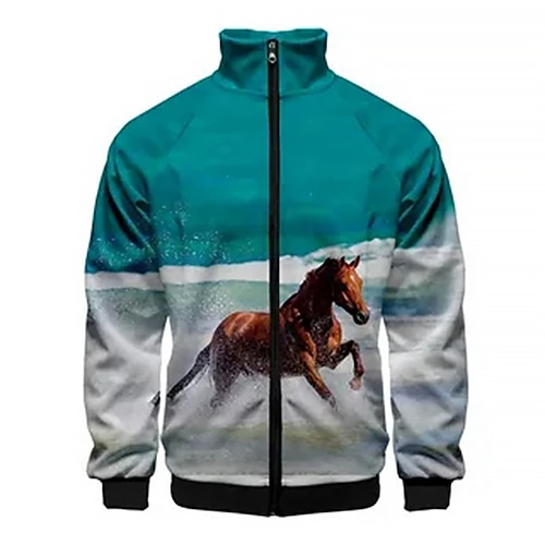 

Men's Unisex Zip Up Sweatshirt Jacket Graphic Prints Horse Zipper Print Sports Outdoor Daily Sports 3D Print Designer Casual Hoodies Sweatshirts Blue