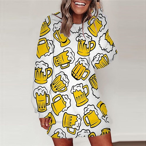 

Women's Shift Dress Short Mini Dress Yellow Long Sleeve Print Print Fall Winter Round Neck Casual 2022 S M L XL XXL 3XL