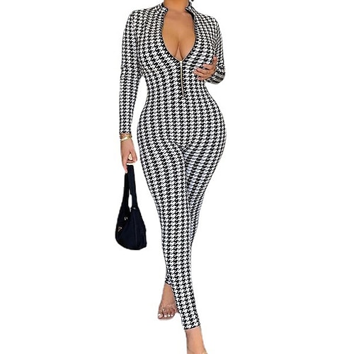 

dame jumpsuit glidelås houndstooth stativ krage uformell hverdagsferie bodycon lange ermer hvit l fall