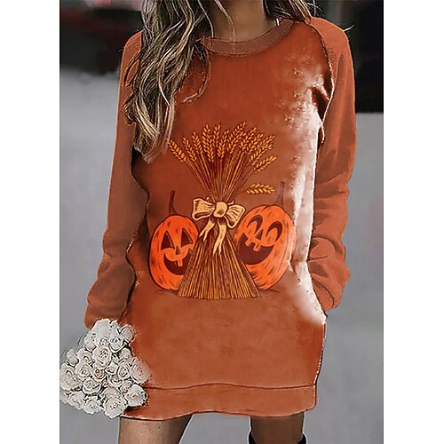 

Women's Hoodie Dress Pumpkin Pocket Print Halloween Weekend 3D Print Active Streetwear Hoodies Sweatshirts Orange