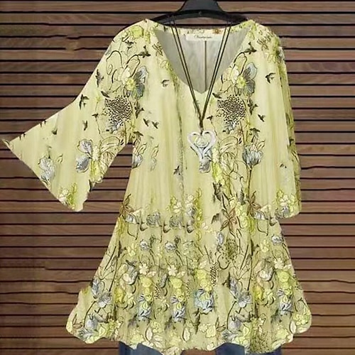 

Women's Plus Size Tops T shirt Tee Floral Print 3/4 Length Sleeve V Neck Streetwear Daily Vacation Chiffon Fall Spring White Yellow