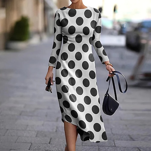 

Women's Sheath Dress PolkaDotDress Midi Dress Black Blue Yellow Brown Navy Blue Long Sleeve Floral Polka Dot Print Print Fall Winter Round Neck Elegant Fashion Loose 2022 S M L XL 2XL