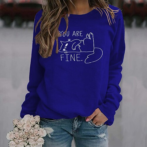 

Women's Sweatshirt Pullover Active Streetwear Print Black Blue Purple Cat Text Daily Round Neck Long Sleeve S M L XL XXL