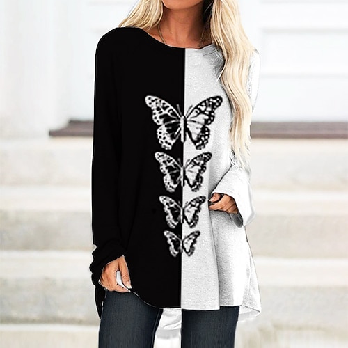 

Women's T Shirt Dress Tee Dress Shift Dress Knee Length Dress White Black Long Sleeve Print Print Fall Winter Crew Neck Casual Vacation 2022 S M L XL XXL 3XL / Casual Dress