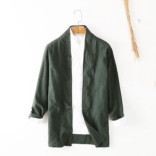 

Men's Shirt Solid Colored Stand Collar Street Daily Button-Down Long Sleeve Tops Casual Fashion Comfortable Big and Tall Green Black / Summer