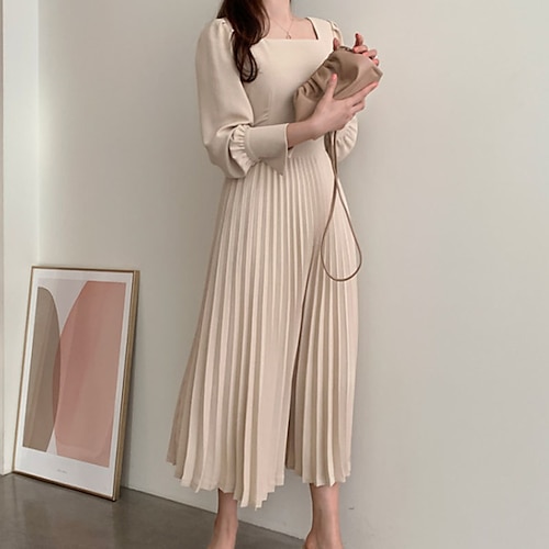 

Women's Midi Dress Pink Khaki Long Sleeve Pure Color Ruched Winter Fall Square Neck Modern Winter Dress Fall Dress Slim 2022 S M L XL