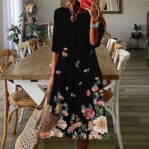 

Women's Casual Dress Shift Dress Midi Dress Black 3/4 Length Sleeve Floral Ruched Print Fall Spring Round Neck Casual Vacation 2022 S M L XL XXL 3XL