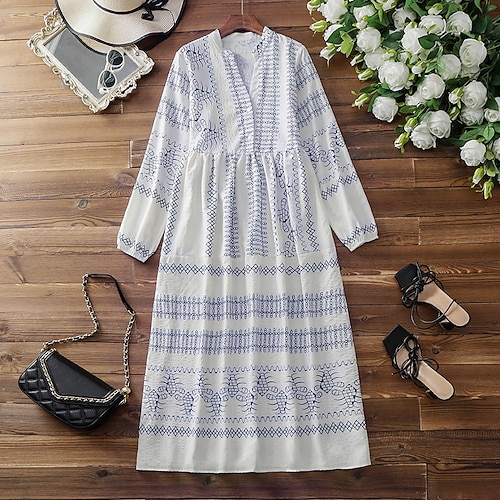 

Women's Shift Dress Maxi long Dress White Long Sleeve Geometric Print Fall Winter Stand Collar Casual 2022 S M L XL XXL