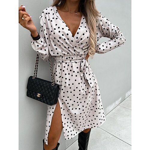 

Women's Casual Dress PolkaDotDress Red White Long Sleeve Polka Dot Print Winter Fall V Neck Modern Winter Dress Weekend Fall Dress Slim 2022 S M L XL