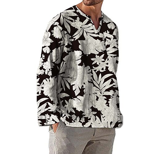 

Men's Shirt 3D Print Plants Graphic V Neck Street Daily Print Long Sleeve Tops Casual Vintage Classic Slim Fit Black