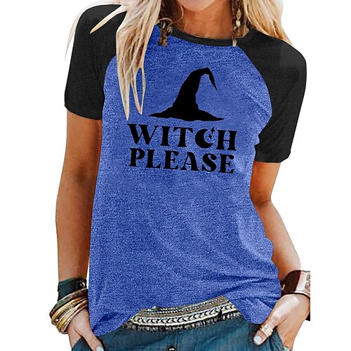 

Women's T shirt Tee Graphic Letter Halloween Casual Daily T shirt Tee Short Sleeve Print Round Neck Basic Green Blue Light gray S