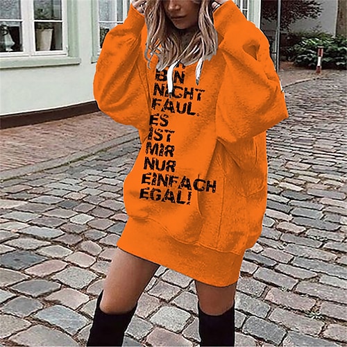 

Women's Shift Dress Short Mini Dress Orange Long Sleeve Fall Letter Pocket Print Fall Winter Hooded Casual 2022 S M L XL XXL 3XL