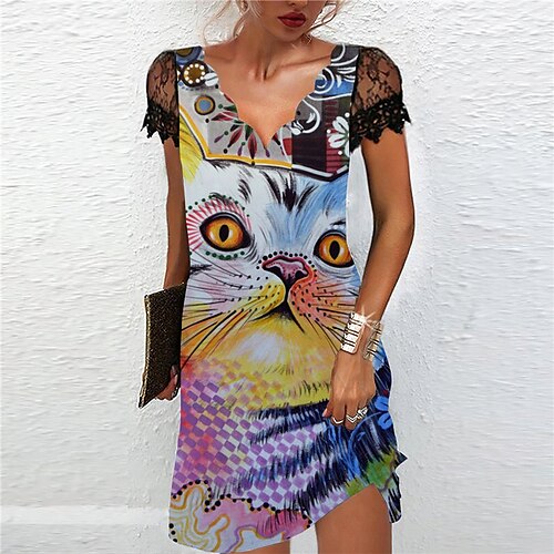 

Women's Shift Dress Short Mini Dress Green Blue Yellow Fuchsia Khaki Rainbow Short Sleeve Floral Color Gradient Cat Print Spring Summer V Neck Casual 2022 S M L XL XXL