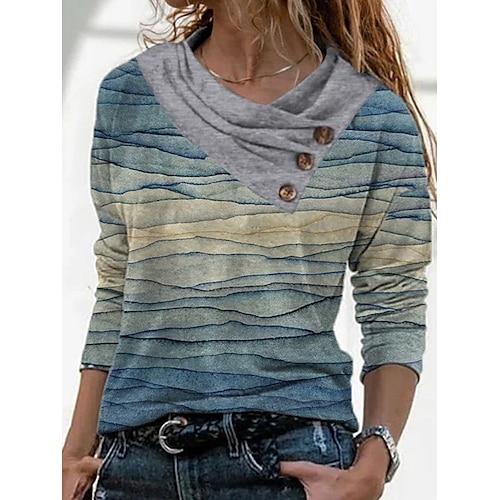 

Women's T shirt Tee Blue Geometric Striped Button Print Long Sleeve Casual Weekend Basic Pile Neck Regular Painting S / V Neck / V Neck