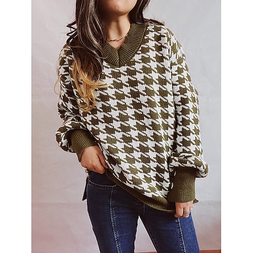 

Women's Pullover Sweater jumper Jumper Chunky Knit Tunic Split Knitted Houndstooth V Neck Stylish Vintage Style Home Daily Winter Fall Green Beige S M L / Long Sleeve / Casual / Regular Fit