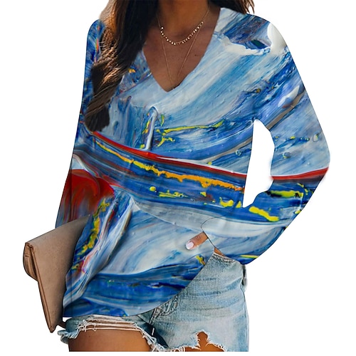 

Women's T shirt Tee Graphic Casual Weekend Abstract Painting T shirt Tee Long Sleeve Print V Neck Basic Green Blue Yellow M / 3D Print