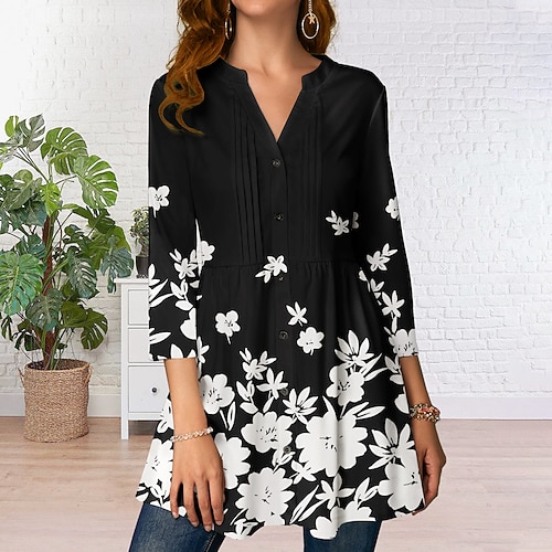 

Women's Blouse Floral Daily Weekend Floral Blouse Shirt 3/4 Length Sleeve Flowing tunic Button Print V Neck Casual Streetwear Black S