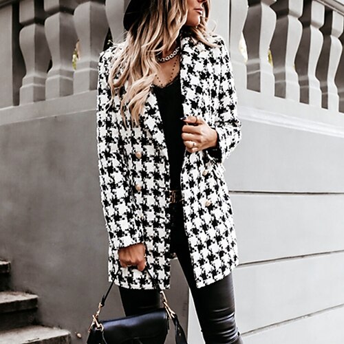 

Women's Blazer Regular Pocket Button Print Coat Black And White White Black Comtemporary Stylish Casual Casual Daily Street Daily Vacation Going out Fall Winter Double Breasted Turndown Regular Fit S