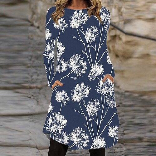 

Women's Shift Dress Knee Length Dress Blue Royal Blue Navy Blue Long Sleeve Floral Pocket Print Fall Winter Crew Neck Casual Vacation 2022 S M L XL XXL 3XL
