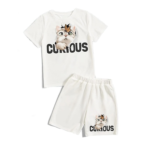 

Kids Boys T-shirt Shorts Clothing Set 2 Pieces Short Sleeve White Cat Letter Animal Crewneck Print Street Sports Vacation Fashion Comfort Cool Daily 3-13 Years