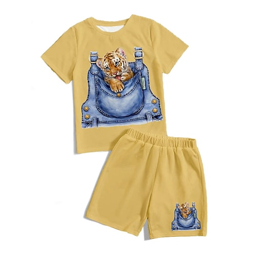 

Kids Boys T-shirt Shorts Clothing Set 2 Pieces Short Sleeve Yellow Cat Animal Crewneck Print Street Sports Vacation Fashion Comfort Cool Daily 3-13 Years