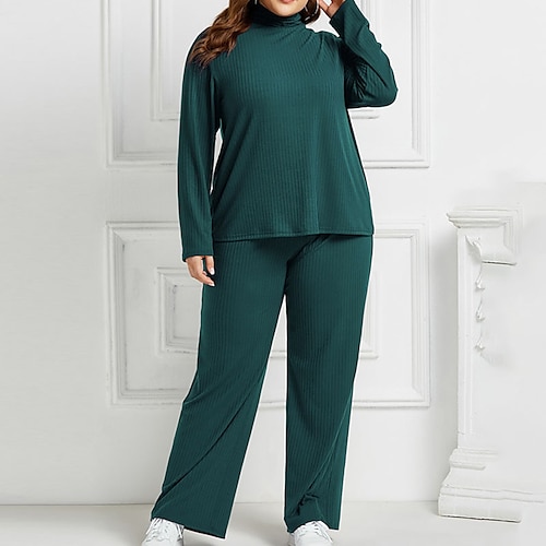

Women's Plus Size Tops Set Plain Long Sleeve Cowl Neck Basic Daily Sports Cotton Fall Spring Black Dark Green