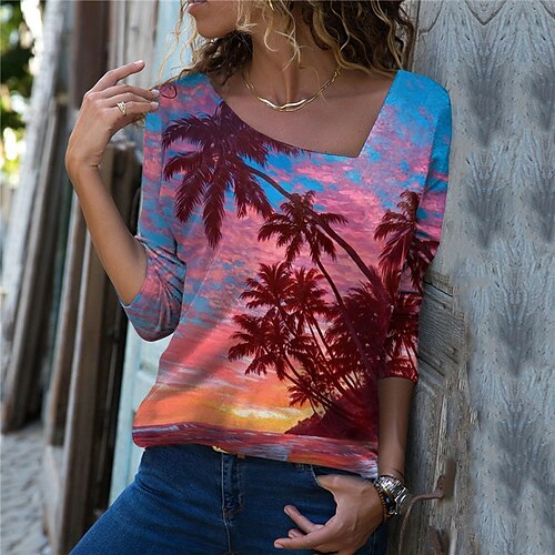 

Women's T shirt Tee Pink Graphic Print Long Sleeve Casual Weekend Basic V Neck Regular Floral Painting S