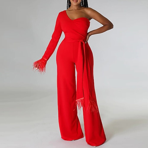 

mono de mujer cintura alta color sólido un hombro elegante fiesta graduación ajuste regular manga larga rojo xxl otoño