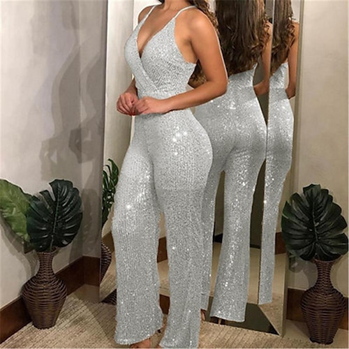 

Women's Pants Trousers Jumpsuit Rompers Silver Gold Black Mid Waist Fashion Casual Weekend Sequins Micro-elastic Full Length Comfort Plain S M L XL 2XL