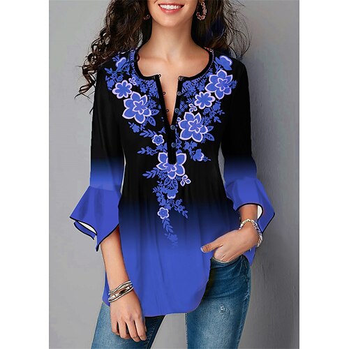 

Women's Blouse Shirt Blue Purple Orange Floral Button Print 3/4 Length Sleeve Daily Holiday Streetwear Casual Round Neck Long Floral S / 3D Print