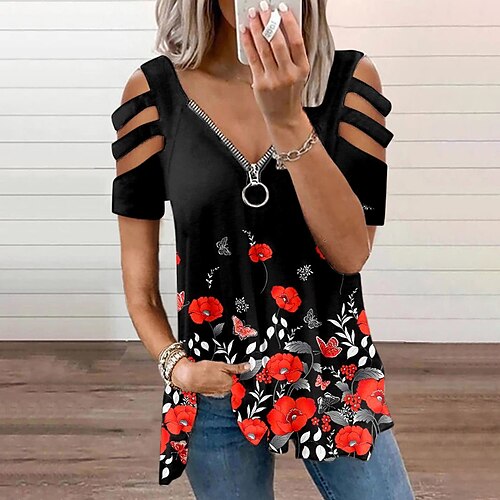 

Mulheres Blusa Amarelo Vermelho Azul Gráfico Floral Zíper Imprimir Manga Longa Casual Final de semana Básico Decote V Padrão S