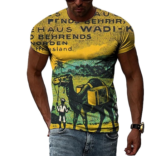 

Men's Unisex T shirt Tee Letter Graphic Prints Crew Neck Yellow Short Sleeve 3D Print Outdoor Street Print Tops Vintage Sports Casual Big and Tall / Summer / Summer