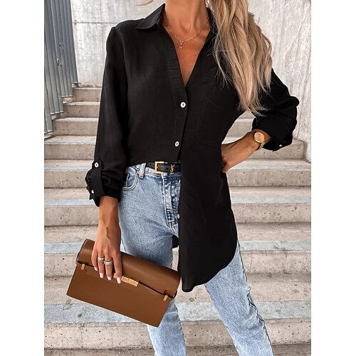 

Women's Blouse Plain Casual Blouse Shirt Long Sleeve Patchwork Shirt Collar Casual White Black Gray S