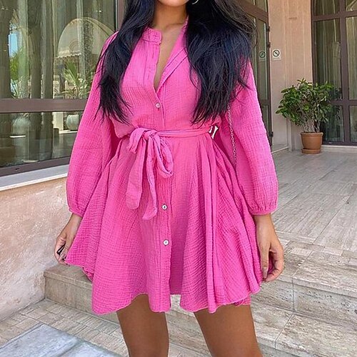

Women's Casual Dress Shirt Dress Short Mini Dress Black Fuchsia Long Sleeve Pure Color Lace up Button Fall Spring Stand Collar Casual Mature Loose 2022 S M L XL