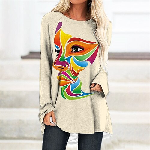 

Women's T Shirt Dress Tee Dress Shift Dress Knee Length Dress White Yellow Beige Long Sleeve Abstract Print Fall Winter Crew Neck Casual Vacation 2022 S M L XL XXL 3XL / Casual Dress