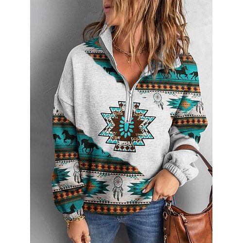 

Women's Pullover Hoodie Sweatshirt Letter Quarter Zip Print Daily Weekend 3D Print Streetwear Ethnic Hoodies Sweatshirts Blue Gray
