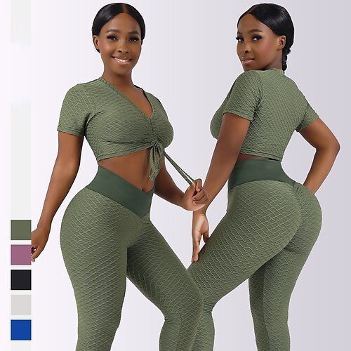 

Women's Tracksuit Yoga Suit 2 Piece Cropped Solid Color Leggings Crop Top Black Green Yoga Fitness Gym Workout High Waist Tummy Control Butt Lift Breathable Short Sleeve Sport Activewear Stretchy