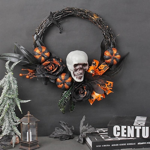 

Halloween Feather Skull Pumpkin Wreath Ghost Festival Horror Decorations Haunted House Atmosphere Rattan Circle Door Hanging