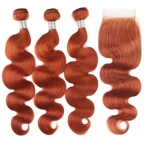 

3 Bundles with Closure Hair Weaves Brazilian Hair Body Wave Human Hair Extensions Remy Human Hair Hair Weft with Closure 10-26 inch Orange Women / Daily Wear