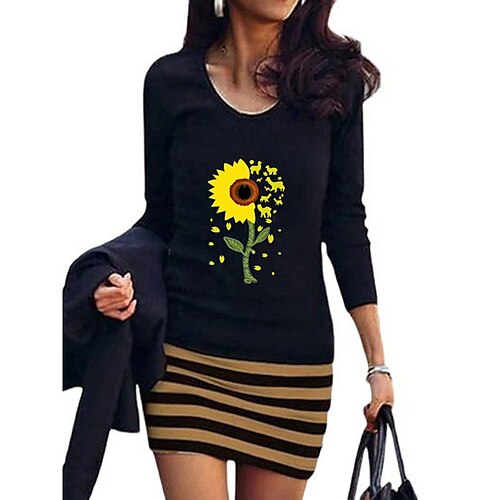 

Women's T Shirt Dress Tee Dress Sheath Dress Short Mini Dress White Black Blue Gray Yellow Long Sleeve Floral Striped Print Fall Winter Crew Neck Casual Mature Loose 2022 S M L XL XXL 3XL 4XL 5XL