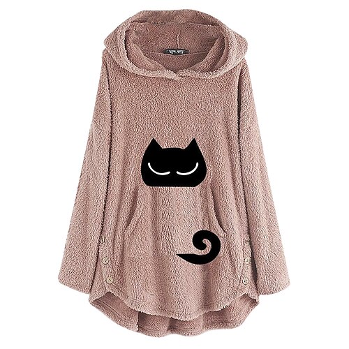

Women's Pullover Casual Sherpa Fleece Teddy Front Pocket Pink Wine Brown Cat Home Long Sleeve Fleece S M L XL XXL 3XL