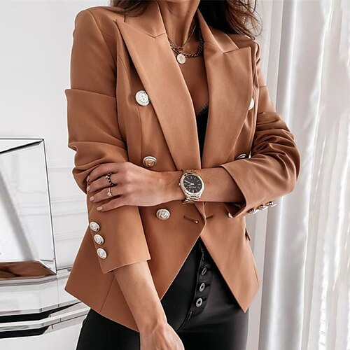 

Women's Blazer Regular Pocket Slim Fit Button Coat Khaki Contemporary OL Style Elegant Office / career Office / Career Wear to work Going out Work Fall Winter Double Breasted Lapel Regular Fit S M L