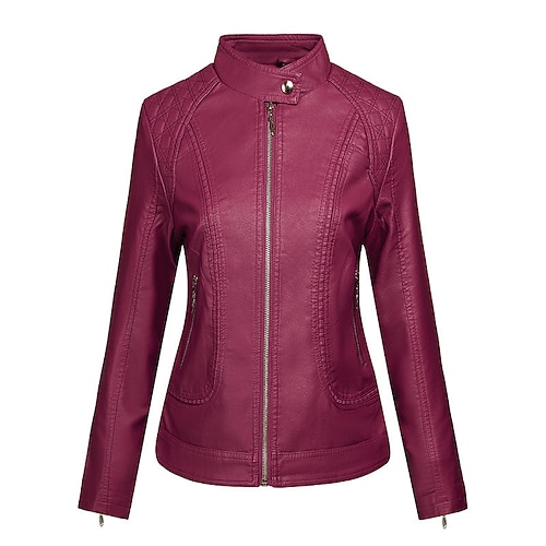 

Women's Faux Leather Jacket Warm Breathable Outdoor Street with Pockets Zipper Stand Collar Chic & Modern Street Style Solid Color Regular Fit Outerwear Long Sleeve Winter Fall Black Yellow Light Grey